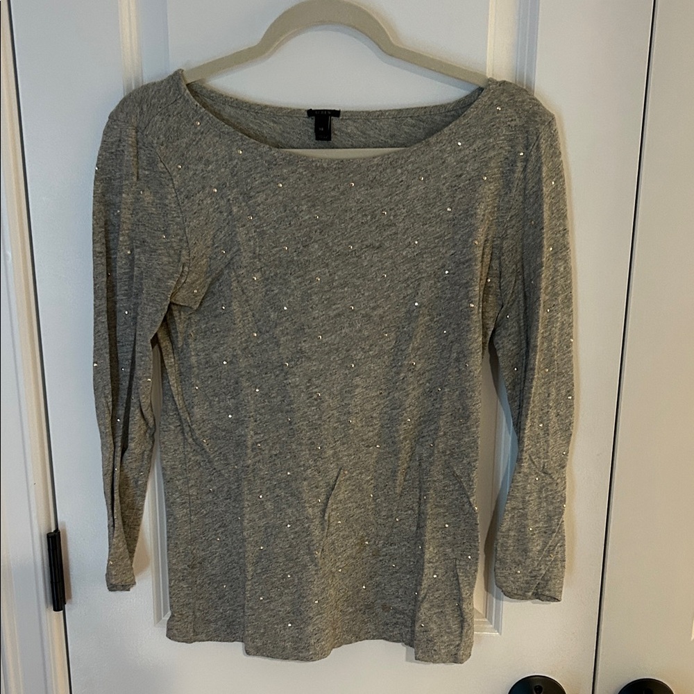 J.Crew Boatneck Gray 3/4 Sleeve Top with Sparkle Accents